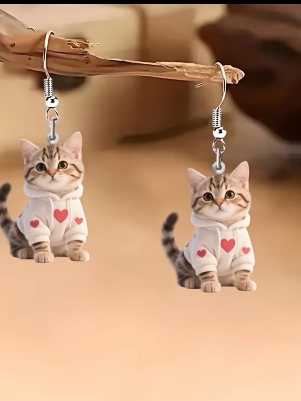 Cute Kitten Heart Hoodie Earrings - White/Pink Cat Charm